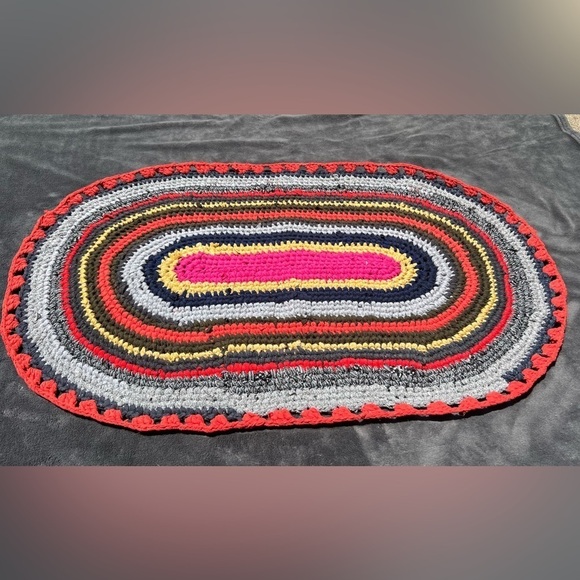 HANDMADE crochet upcycled recycled multicolor colorful bohemian mat 35" by 21" - Picture 4 of 10